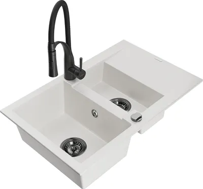 Image de Mexen Gaspar évier en granit 1,5 bac avec égouttoir et mitigeur Aster, blanc - 6507-20-73450-70-B