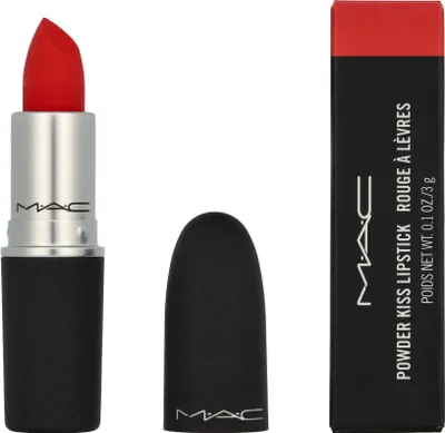 A MAC Powder Kiss Lipstick in its packaging and with its cap removed.