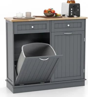 Produktbild von GOPLUS Küchenschrank aus Holz, Sideboard mit großer Arbeitsplatte & 2 Schubladen & Türschrank & Mülltierhalter, Kommode mit Kippsicherung, ohne Mülleimer (Grau)