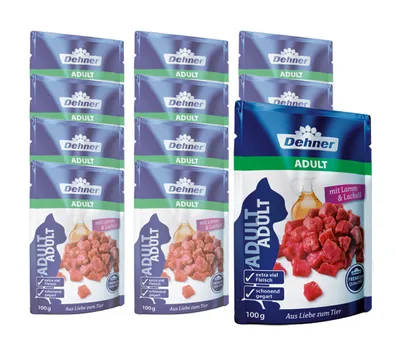 Produktbild von Dehner Premium Katzenfutter, Nassfutter, für ausgewachsene Katzen, Lamm / Lachsöl, 12 x 100 g Beutel (1.2 kg)
