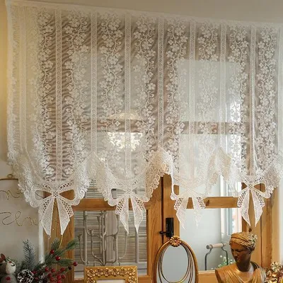 Produktbild von Durchsichtiger Vorhang weiße Bogen Spitze Gardine Modern Tüllvorhang, Größe: 85 × 125 cm