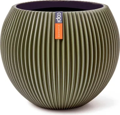 A green, spherical planter with vertical ribbed texture, shown against a white background. A small orange tag with the brand name 'capi EUROPE' is attached to the planter.