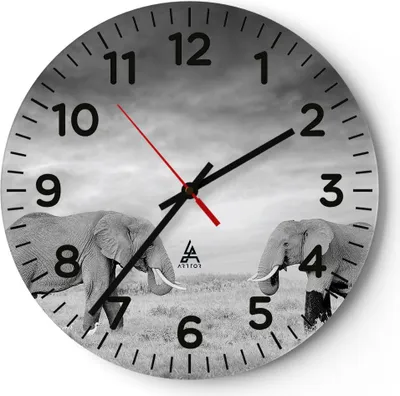 Produktbild von Wanduhr - Rund - Glasuhr - Elefanten Schwarzweiß Safari - 40x40cm - Schleichendes Uhrwerk - Lautlos - zum Aufhängen bereit - Dekoration Modern - Wanddekoration aus Glas - C4AR40x40-4186