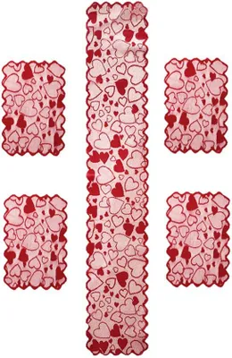 Image de Ensemble de table « Saint-Valentin » avec motif de cœurs rouges, 5 pièces, pour la décoration intérieure, les anniversaires, les décorations romantiques, les mariages et la Saint-Valentin.