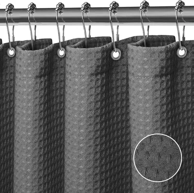 Imagen del producto de Cortina de ducha de tejido tipo "waffle", fabricada en poliéster, lavable a máquina, con 12 ganchos, impermeable, de 152 x 183 cm (gris)