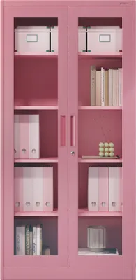 A pink metal cabinet with glass doors is displayed with shelves filled with various items.
