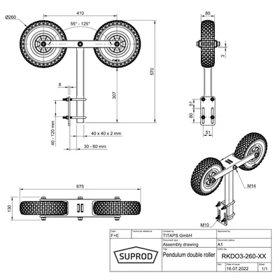 Immagine prodotto di Pendolo a doppia ruota dispositivo di rotolamento rimorchio de barca pneumatici in PU SUPROD RKDO3-260-PU, Ø 260 mm, nero/blu