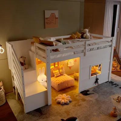 Produktbild von Kinderhochbett Weiß mit Stauraumtreppe und Fenster aus MDF Kiefer 90x200 cm