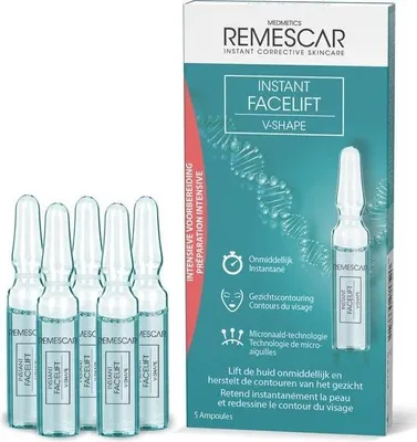 Produktbild von Remescar Instant Facelift V-shape face - Alternative zum Kiefergelenktrainer, Microneedling-Technologie mit Peptiden zur Hautstraffung, Gesichtskonturierung und Faltenreduzierung mit sofortigem Ergebnis, 5 Ampullen