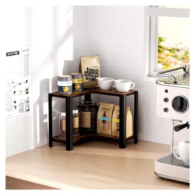 Produktbild von Eckregal für Kaffee-Ecke und Arbeitsplatte – kompakter Organizer für Küche und Kaffeeecke, platzsparendes Regal aus Holz und Metall, 2-stufig, Vintage Braun