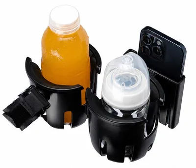 Produktbild von 2‑in‑1 Buggy Getränkehalter Doppel, Universal Flaschen‑ & Handyhalter für Kinderwagen, rutschfest 360° verstellbar, Schwarz