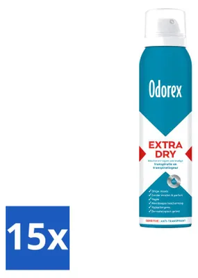 Imagen del producto de 15 unidades de spray antitranspirante Odorex Extra Seco para piel sensible, 150 ml. Paquete económico