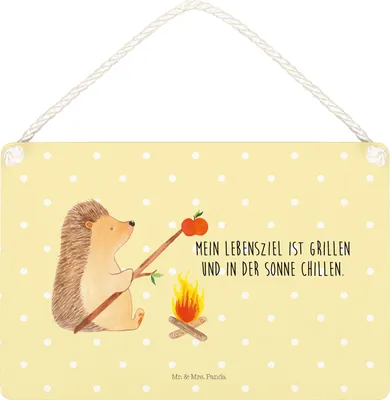 Produktbild von Mr. & Mrs. Panda holzbild Igel Grillen DIN A5 - Gelb Pastell - Geschenk, Arbeitslos, wandtafel, Lustige Sprüche, kleine aufmerksamkeit, Spruch, Türschild, Motivation