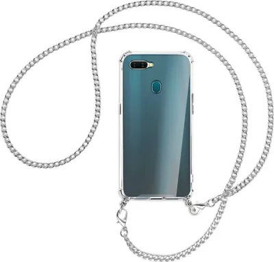 Produktbild von Handykette Backcover-Schutzhülle mit Band (Metall silberfarben) für Oppo A7 / AX7 - silberfarbene Kette