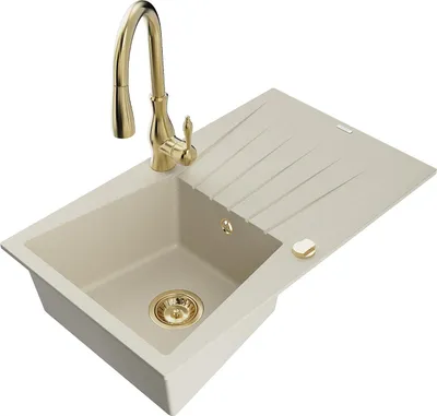 Immagine prodotto di Mexen Cesar lavello da cucina in granito 1-vasca con sgocciolatoio e rubinetto Savita, beige - 6514-69-672601-50