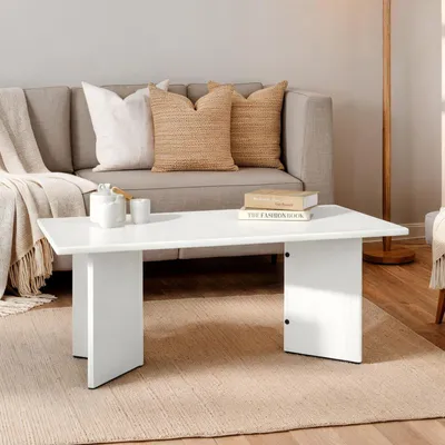 Produktbild von Couchtisch MESA aus Massivholz 110 x 45 x 60 cm weiß - minimalistischer Sofatisch aus Holz, Wohnzimmer Tisch mit angwinkelten Beinen
