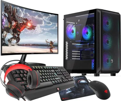 A gaming computer setup including a monitor, tower, keyboard, mouse, and headphones, displayed on a white background.