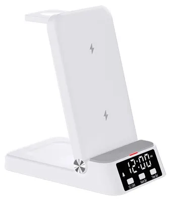 A white 4-in-1 wireless charging station with a digital clock display.