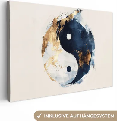 Produktbild von MuchoWow® - Leinwandbilder - Yin Yang - Abstrakt - Schwarz - Weiß - Gold, Wandbild, Wanddeko Bilder Wohnzimmer, 120x80 cm