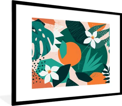 Produktbild von MuchoWow® Gerahmtes Poster Blumen - Obst - Dschungel 80x60 cm - Poster mit Schwarzem Bilderrahmen Wandposter Rahmen Foto Bilder - Schlafzimmer-Dekorationen - Fotoposter