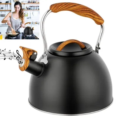 Produktbild von Flötenkessel, 3 l Flötenkessel aus Edelstahl, mit Verbrühungsschutzgriff und Deckel, hocheffiziente Wärmeleitfähigkeit, schwarz