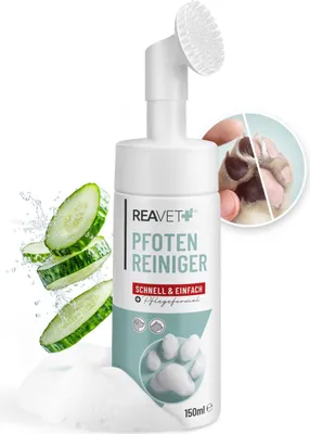 Produktbild von REAVET Pfotenreiniger für Hunde & Katzen I Pflegender Reinigungsschaum mit Bürste – Ohne Ausspülen I Pfotenpflege mit Hamamelis & Gurke I Sanfte Reinigung empfindlicher Pfoten – 150ml