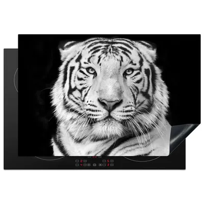 Produktbild von KitchenYeah© Herdabdeckplatte Tiger - Schwarz - Weiß - Porträt - Tiere , 76x51cm, Küche Deko, Glaskeramikkochfeld Herdabdeckung, Abdeckplatte fùr Kochfeld