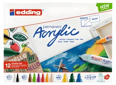 Obrázek produktu pro Edding Acrylic, Černá, Modrá, Zelená, Světle modrá, Světle zelená, Růžová, Purpurová, Červená, Bílá, Žlutá, Vícebarevný, 12 barva/barev, Rozmanité, Kulatý, 1 mm