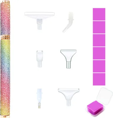 A diamond painting pen kit with various accessories laid out on a white background.