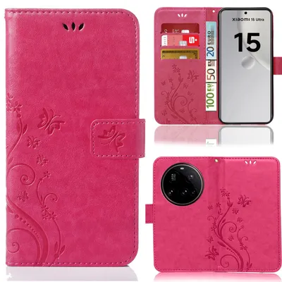 Produktbild von Handy Tasche für Xiaomi 15 Ultra Schutz Hülle Handyhülle mit Blumenmuster Klapp Hülle mit Standfunktion und Kartenfächer Farbe: Pink