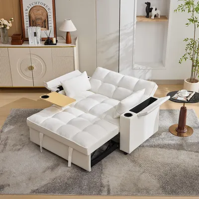 Immagine prodotto di Divano letto 3-in-1, 140,5x74x82 cm, schienale regolabile, porta USB, portabicchieri (beige)
