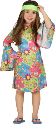 Produktbild von Hippie Flower Power 60s Karnevalskostüm Retro Fasching Outfit Kinder, Größe: 128/134 Farbe: Grün