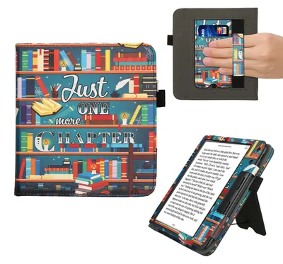 Produktbild von kwmobile Flip Cover kompatibel mit Kobo Kobo Libra Colour / Tolino Vision Color - Hülle mit Handschlaufe Bibliothek Motto Mehrfarbig