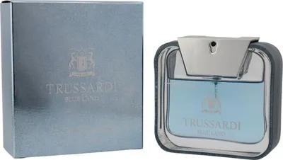 Trussardi Blue Land Eau de Toilette mit himmelblauem Flakon und passender glänzender Box in metallischem Blau, 50 ml.