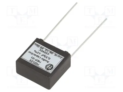 Image de 1 condensateur : 450 VCC, 0,33 µF, 15 mm, 2 %, 18x17x8,5 mm, modèle MKP01DG433G-B - okondensatoren