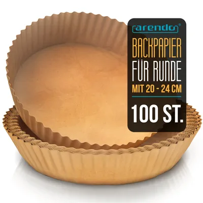 Produktbild von Arendo Backpapier für Heißluftfritteuse, rund, 4,7 - 7,5 L,  Ø 20 x 4,5 cm, antihaft, ungebleicht, für Ninja Airfryer AF300EU & AF400EU, 100 Stück