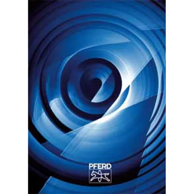 Abstract blue swirl pattern with a logo at the bottom.