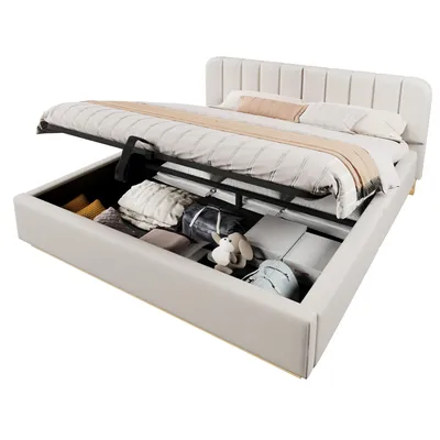 Produktbild von Polsterbett mit LED-Beleuchtung und Stauraum, 180x200 cm, gepolsterter Kopfteil, Doppelbett, Stauraumbett, Chenille