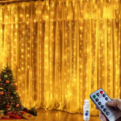 Immagine prodotto di Tenda luminosa a LED, 3 x 3 metri, 300 LED, catena luminosa, tenda con 8 modalità, tenda luminosa con telecomando
