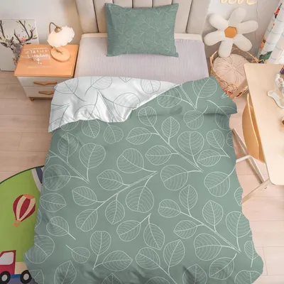 Productafbeelding van Beddengoed voor babybed, 100x135 cm, 2-delig, groene bladeren, microvezel, met rits