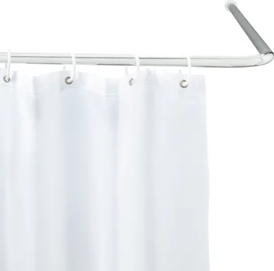 A white shower curtain hanging from a silver shower curtain rod.