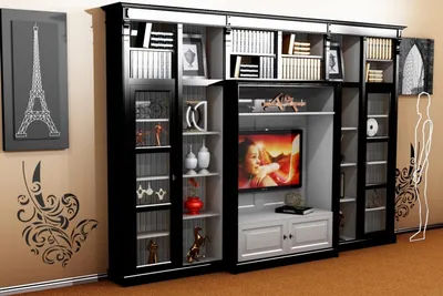 Produktbild von Casa Padrino Luxus Wohnzimmer Schrankwand Schwarz / Weiß B 372 x H 255 cm Bücherregal Regal Schrank Fernseh TV - Art Deco Jugendstil Hotel Möbel