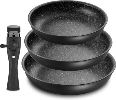 Obrázek produktu pro Sada pánví Unyqoos® – 4 kusy, průměr 20/24/28 cm, odnímatelná rukojeť, vhodná pro všechny typy sporáků včetně indukce, 3vrstvá nepřilnavá povrchová úprava, kovaná hliníková konstrukce, černá barva