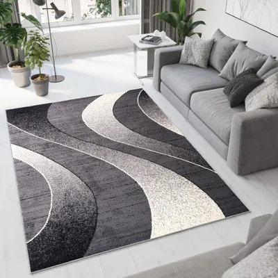 A modern living room with a gray sofa and a patterned rug.