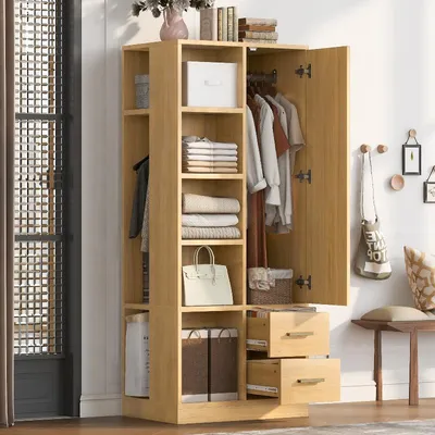 Imagen del producto de Armario de una puerta, de 70x50x170 cm, con varios estantes interiores, 2 barras para colgar ropa y 2 cajones, en color natural de madera