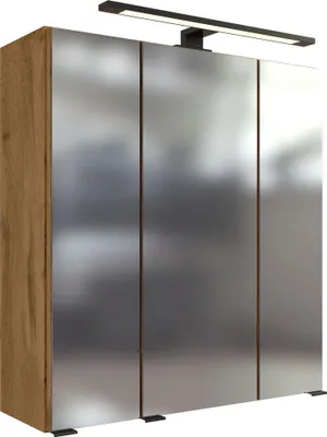 Produktbild von Badezimmerspiegelschrank "Manchester" aus MDF in wotaneiche mit 3 Türen und 6 Einlegeböden. Abmessungen (B/H/T) 60x64x20 cm
