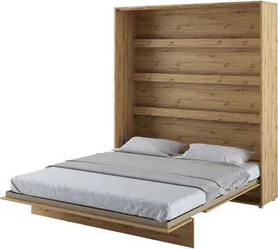 A wall bed with shelves is shown in the open position, revealing a mattress and pillows.