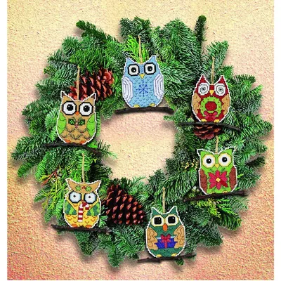 Produktbild von Janlynn Kreuzstich Stickpackung "Weihnachtsbaumschmuck Eulen (6er-Set)", Zählmuster, 8x8cm