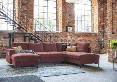 Produktbild von MIUFORM Lofty Lilly - Ecksofa mit Bettfunktion und Bettkasten U-FORM RECHTS - 303 x 197 cm - Velours Staubrosa - Sofa Schlafsofa Couch