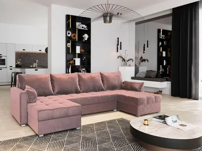 A modern living room with a large U-shaped sofa, shelves, and a coffee table.
